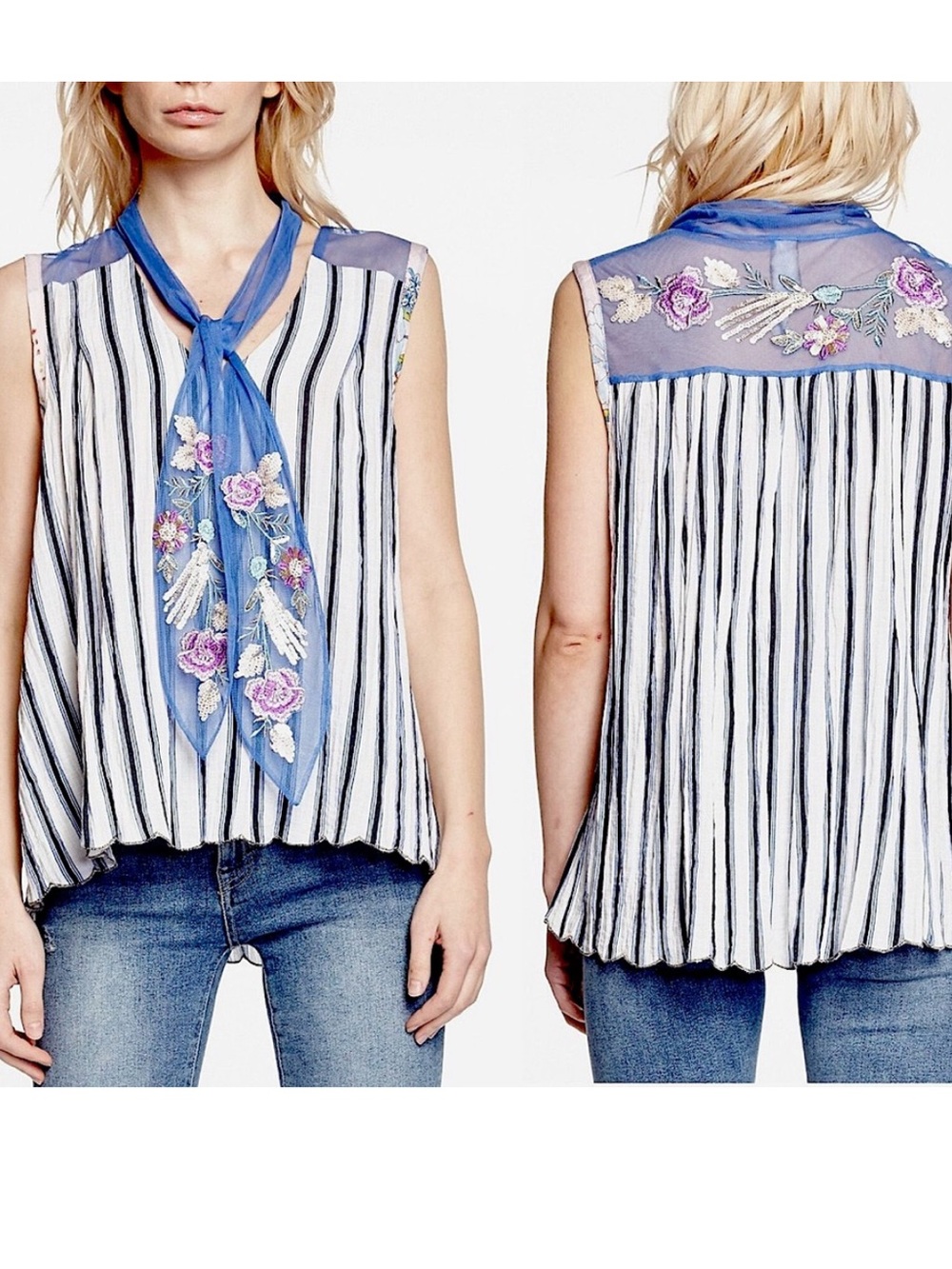 NWT Aratta  Blue Sheer Tie-Neck Striped Tank with Floral Embroidery